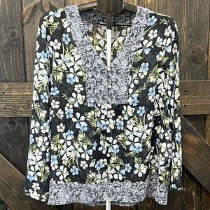 J. Jill Floral Blouse L Semi Sheer Blue Lace Look Button Front Long Sleeve Top
